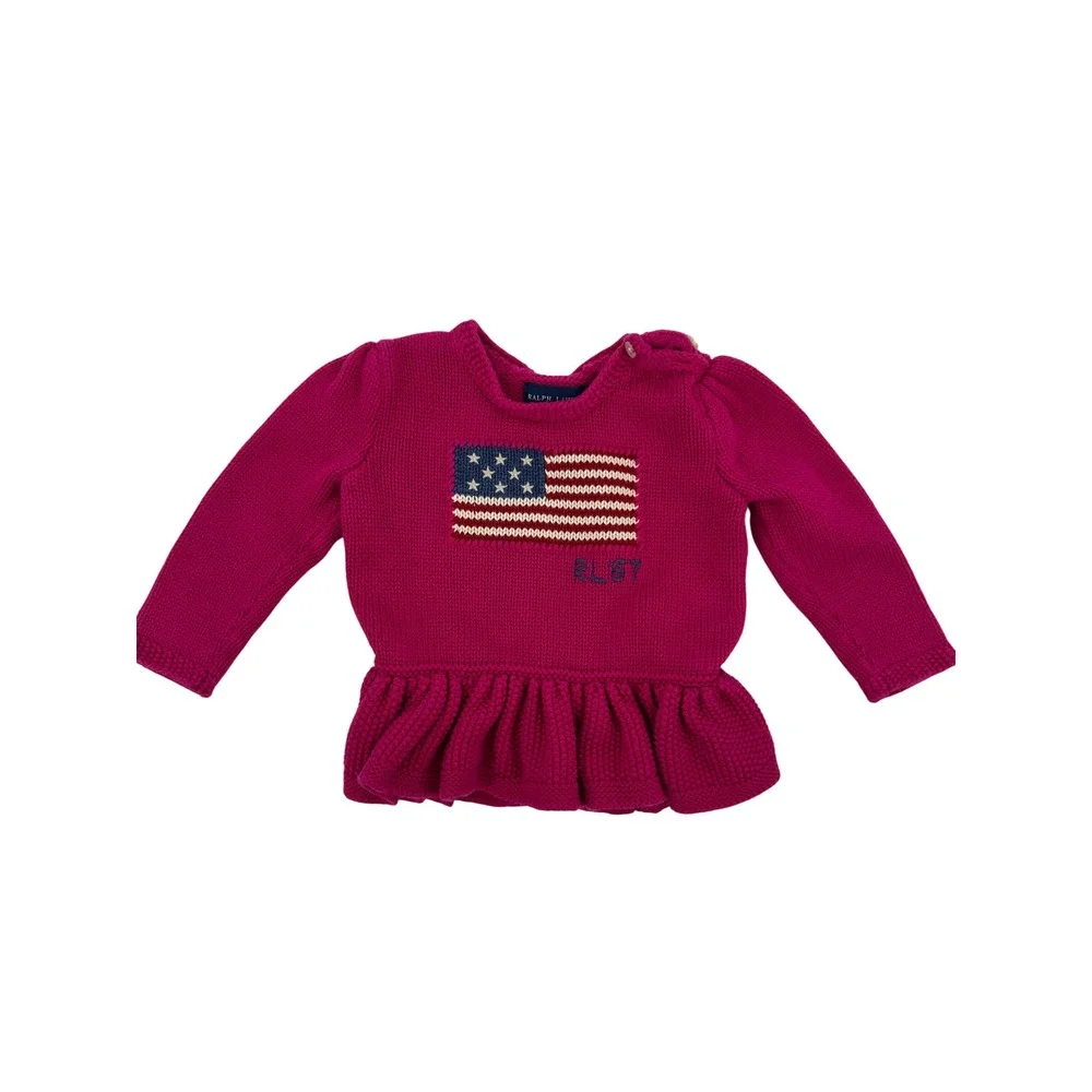 Ralph Lauren Sweater Baby Girls 12M Pink American Flag Peplum Knit Cotton